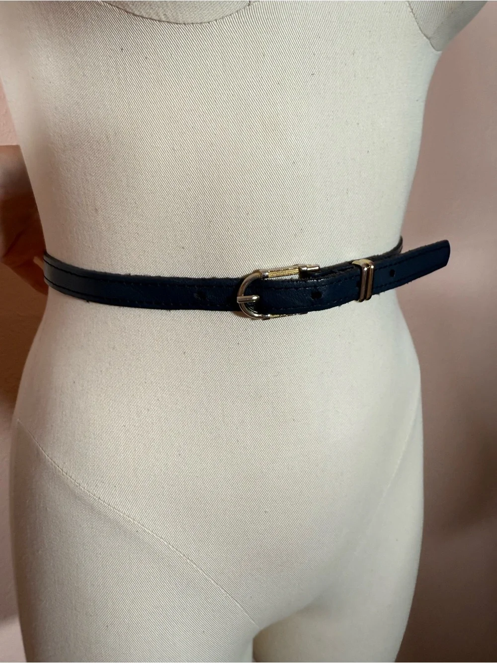 Vintage navy blue leather  minimalist skinny belt 28inches classic academia
